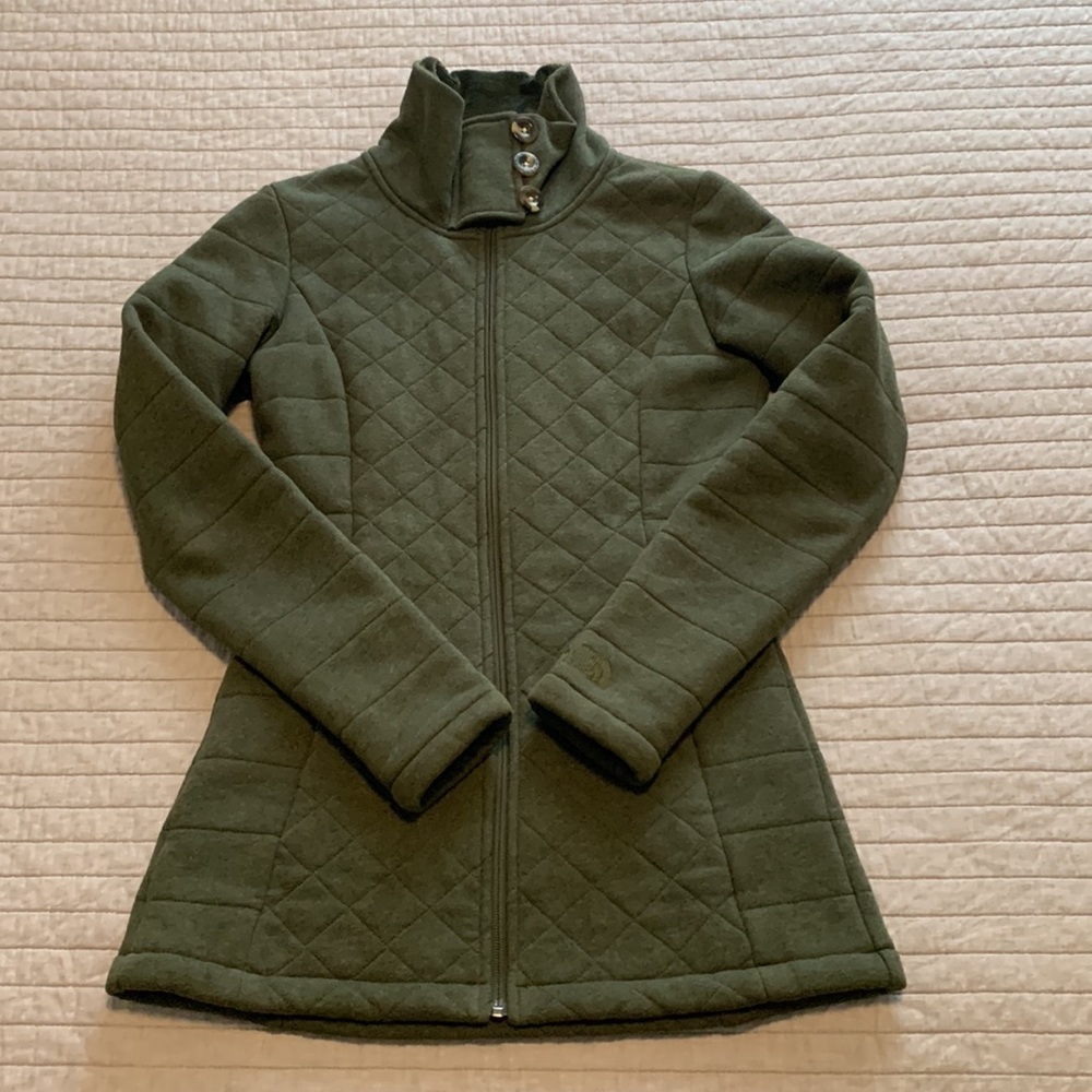 North Face Quilted Fleece Lined Zip Up Jacket Size XS Green with 3 Buttons